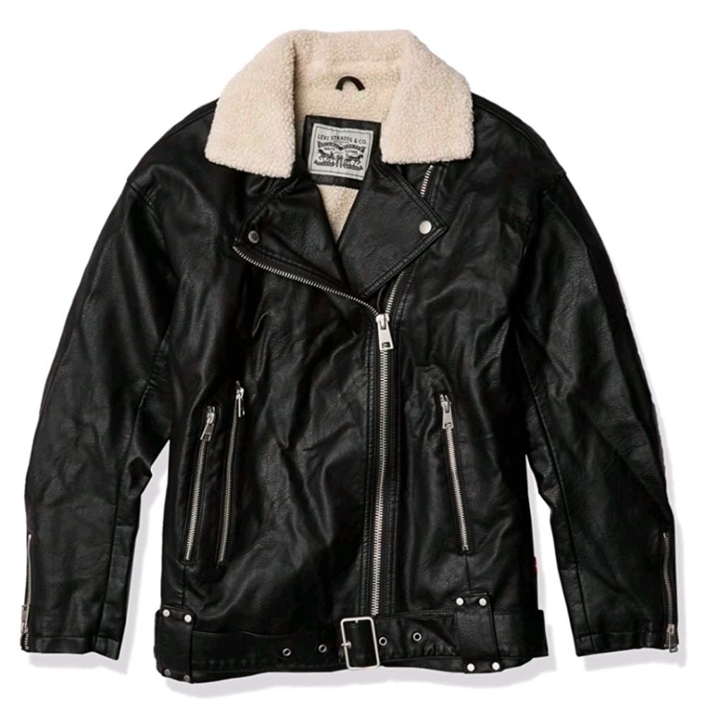 Levi's Black Faux Leather Belted Aviator Jacket